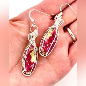 HAND CRAFTED Stone Silver Filled Wire Wrapped Dangle Earrings, Artisan Jewelry